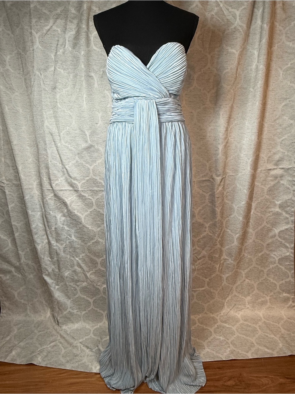 Lulu's Light Blue Strapless Pleated Gown with Waist Sash